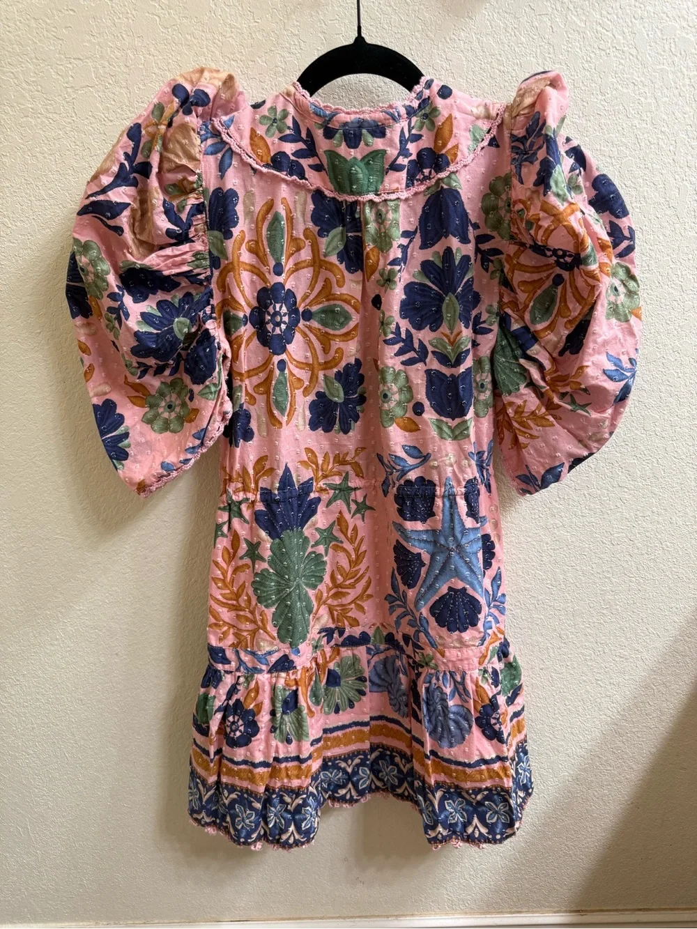 Farm Rio Pink & Blue Swiss Dot Floral Puff-Sleeve Dress